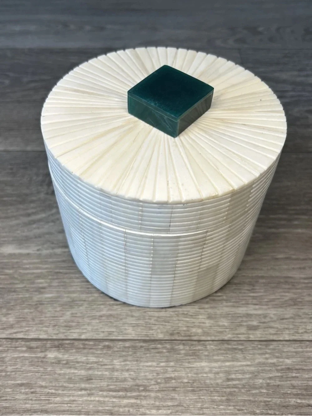 Vintage Indian Bone Tile Trinket Box White Sunburst Green Finial 5”